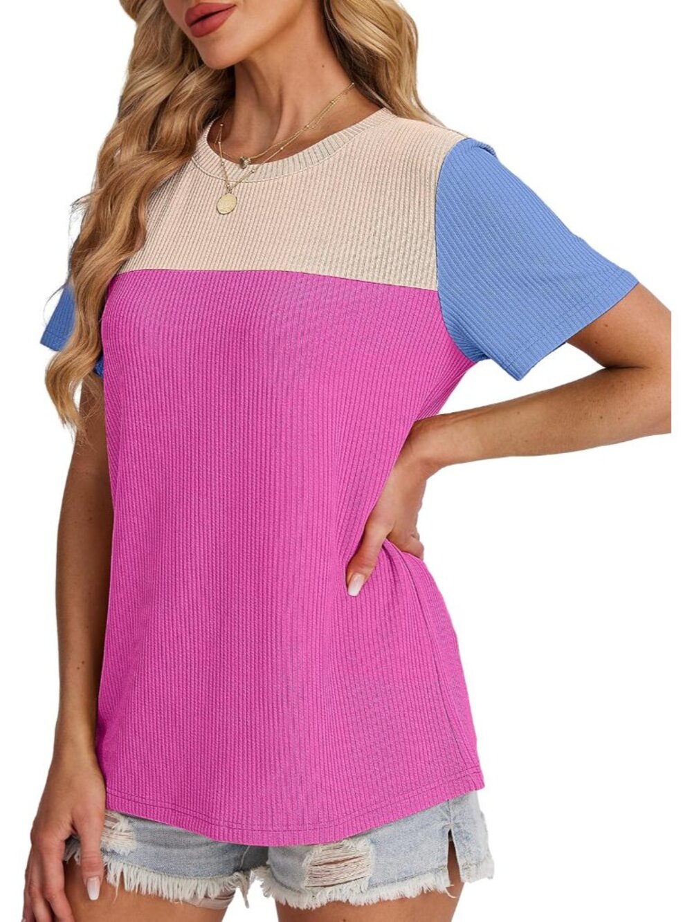 Womens Fashion 2026 Color Block Shirts Short Sleeve Knitted Summer Fall Tops Cas - Picture 4 of 4
